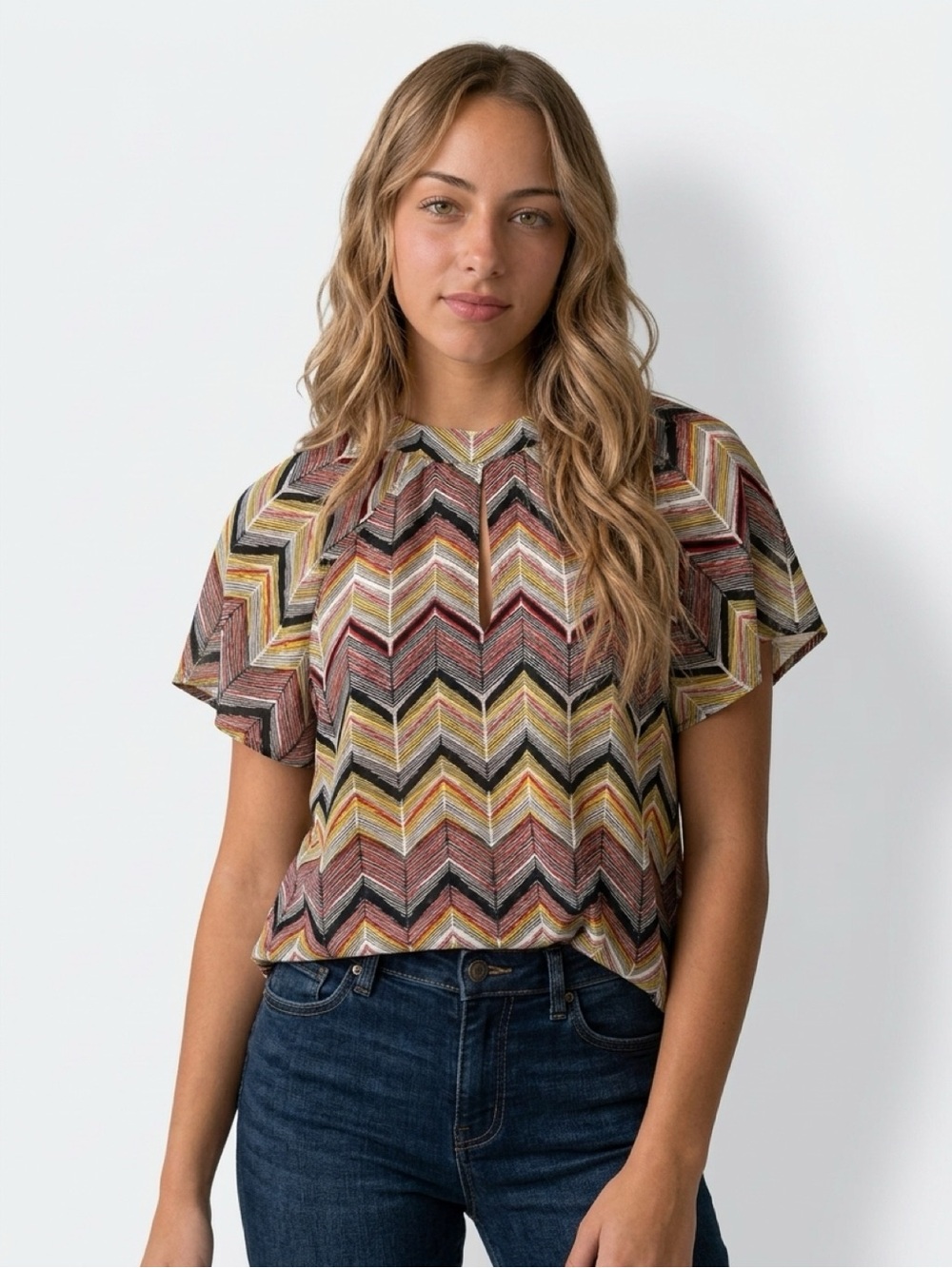 Peyton Jensen Cindy Chevron Geometric Short Sleeve Blouse Size M Evereve